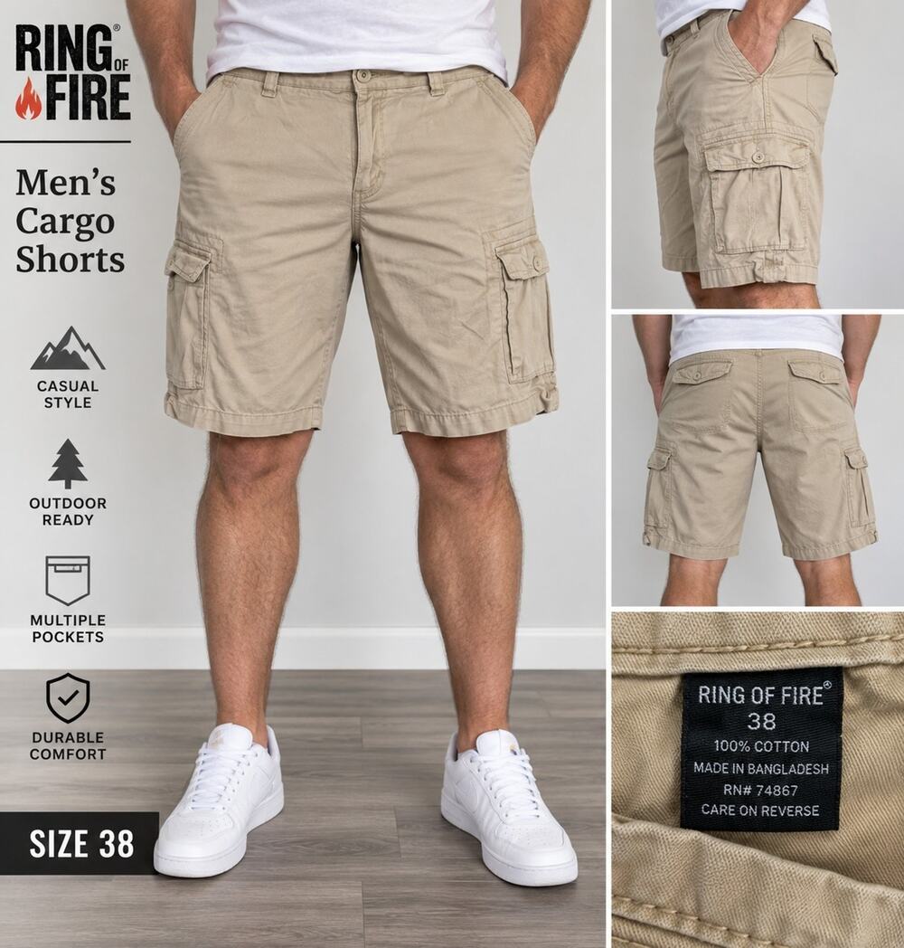 Ring of Fire Men’s Cargo Shorts Size 38 Beige Khaki Cotton Multi Pocket